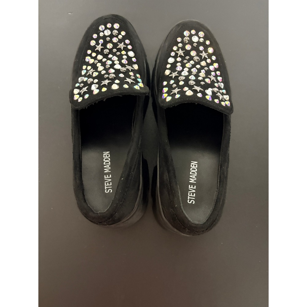 Steve Madden JLOOSY Black Rhinestone Star Studded Platform Lug Sole Loafers 4M - Picture 12 of 12
